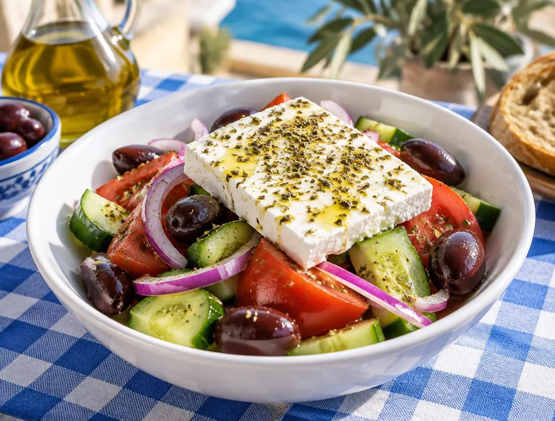 Salată grecească cu feta, roșii, castraveți, ceapă roșie și măsline pe o față de masă în carouri albastre